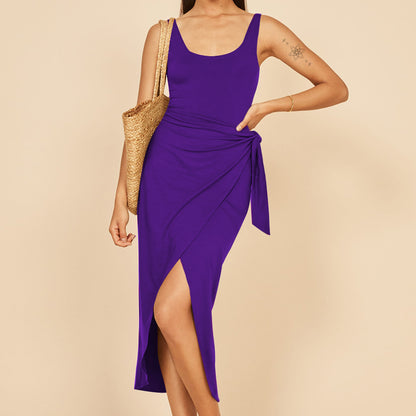 Summer Sleeveless Solid Split Front Bodycon Midi Tank Dress