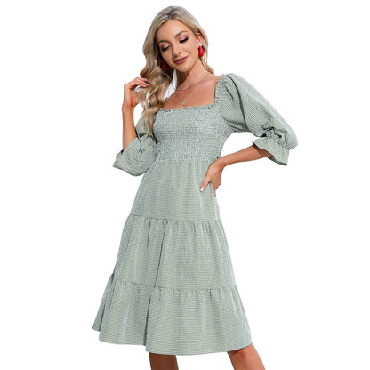 EXLURA Women's Back Tie Knot Square Neck Smocked Bust Puff Elbow Sleeve Ruffle Plaid Tiered Midi Dress