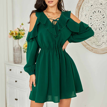 Exlura Women’s Ruffle Swing Mini Dress Cold Shoulder V Neck Long Sleeve Dress Cute Bridal Shower Wedding Guest Dress