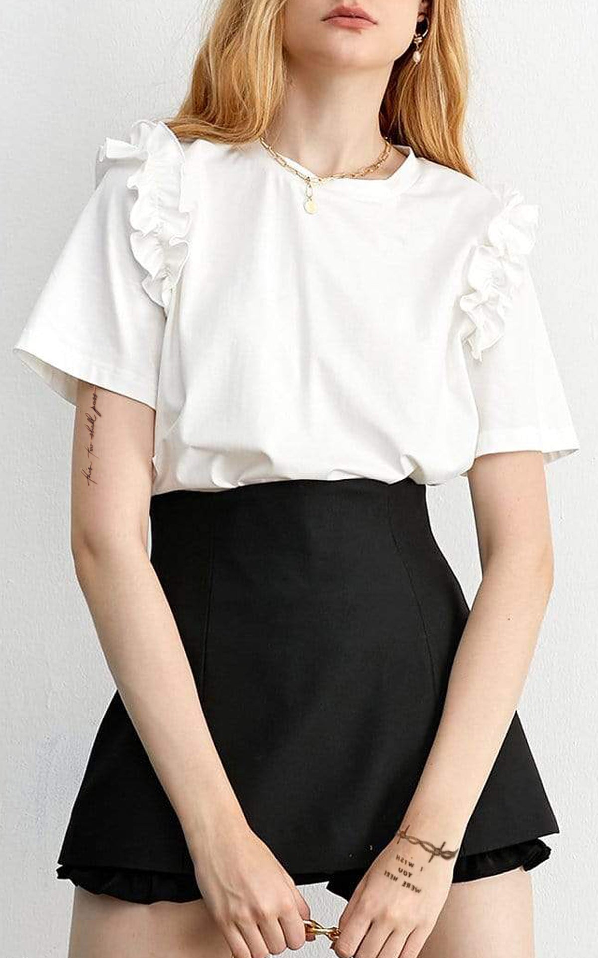 Casual T Shirt - Round Neck Ruffle Short Sleeve