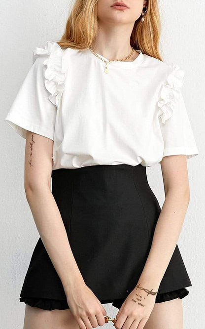Casual T Shirt - Round Neck Ruffle Short Sleeve