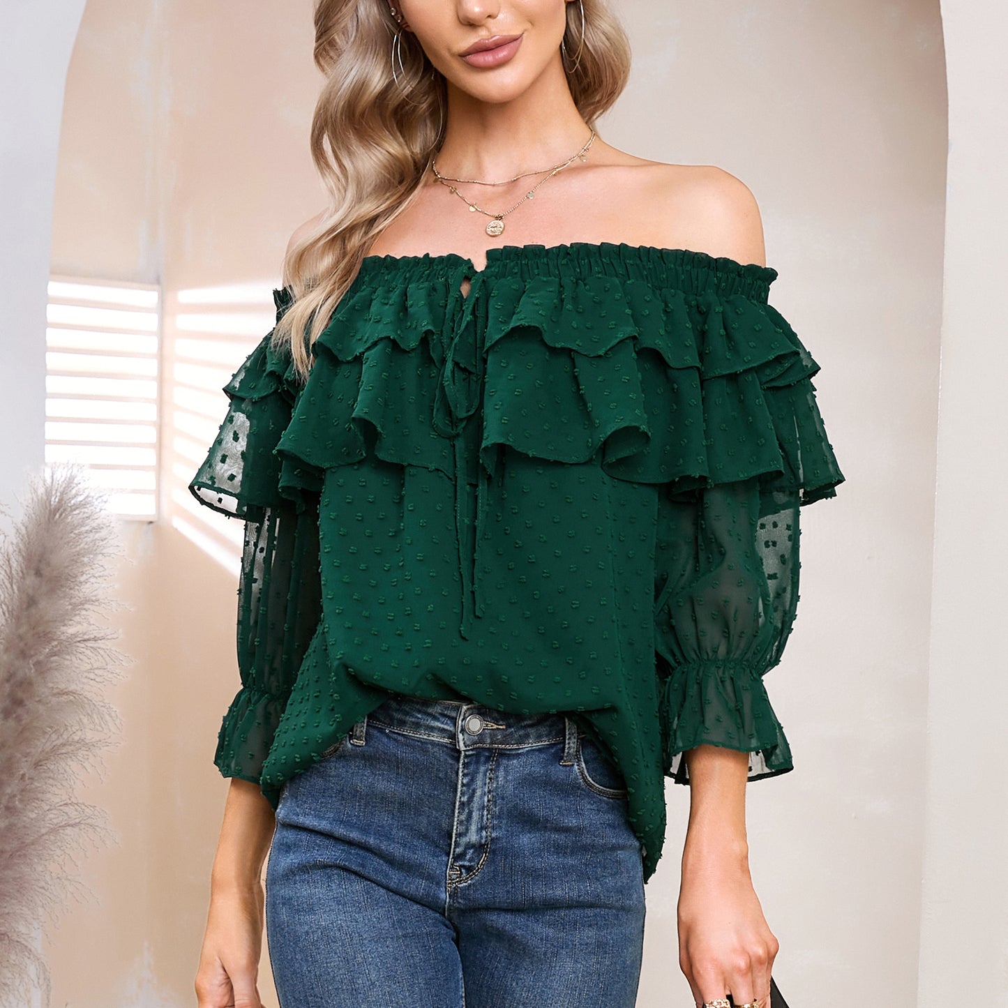 EXLURA Women’s Off The Shoulder Layered Ruffle Tops Swiss Dot Long Puff Sleeve Blouses Shirts Flowy Party Dressy Tops