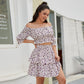 Exlura Women’s Two Piece Tiered Ruffle Outfit Tie Back Elbow Sleeve Crop Top Smocked Waist Off Shoulder Square Neck Tops and Mini Skirt Set