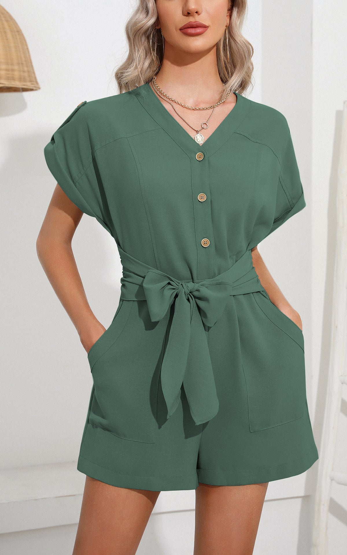 Jumpsuits - V Neck Button Short Sleeve Wide Leg Casual Rompers