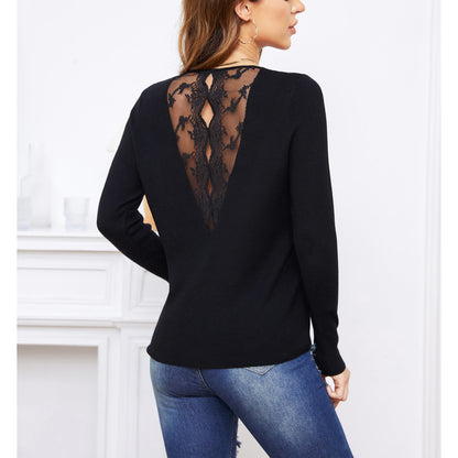 Exlura Women’s Lace Patchwork Pullover Sweater Backless V Neck Long Sleeve Knit Top Sexy Casual Trendy Jumpers