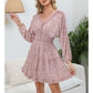 EXLURA Women’s V Neck Ruffle Floral Boho Mini Dress Backless Batwing Long Sleeve Dress Vintage Wedding Guest Dress