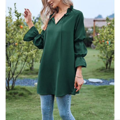 Exlura Women’s Vintage Casual Mini Dress Tie Front Ruffle Long Puff Sleeve Tunic Dress Cocktail Party Dress