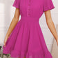 Flowy Mini Shirt Dress - V Neck Short Sleeve Button Down Ruffle