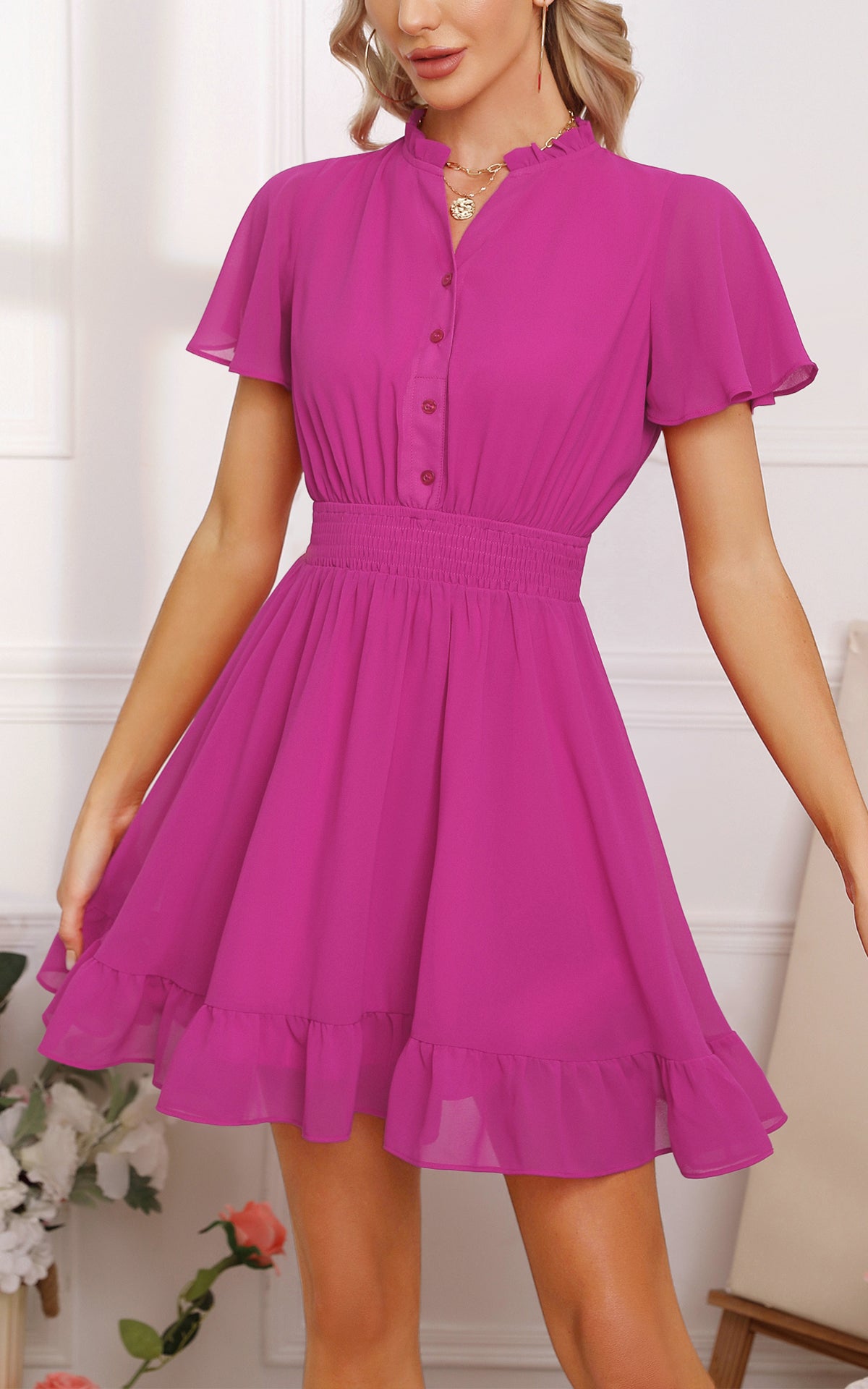 Flowy Mini Shirt Dress - V Neck Short Sleeve Button Down Ruffle