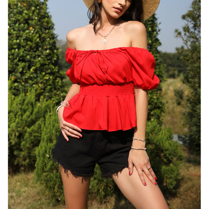 Exlura Women’s Off Shoulder Peplum Top Backless Ruched Square Neck Short Puff Sleeve Backless Crop Top Blouse