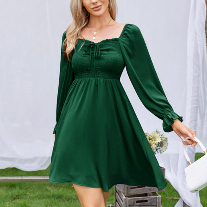 EXLURA Women’s Drawstring Mini Dress Sweetheart Neckline Smocked Flowy Dress Puff Long Sleeve Ruffle Cute Wedding Guest Dress