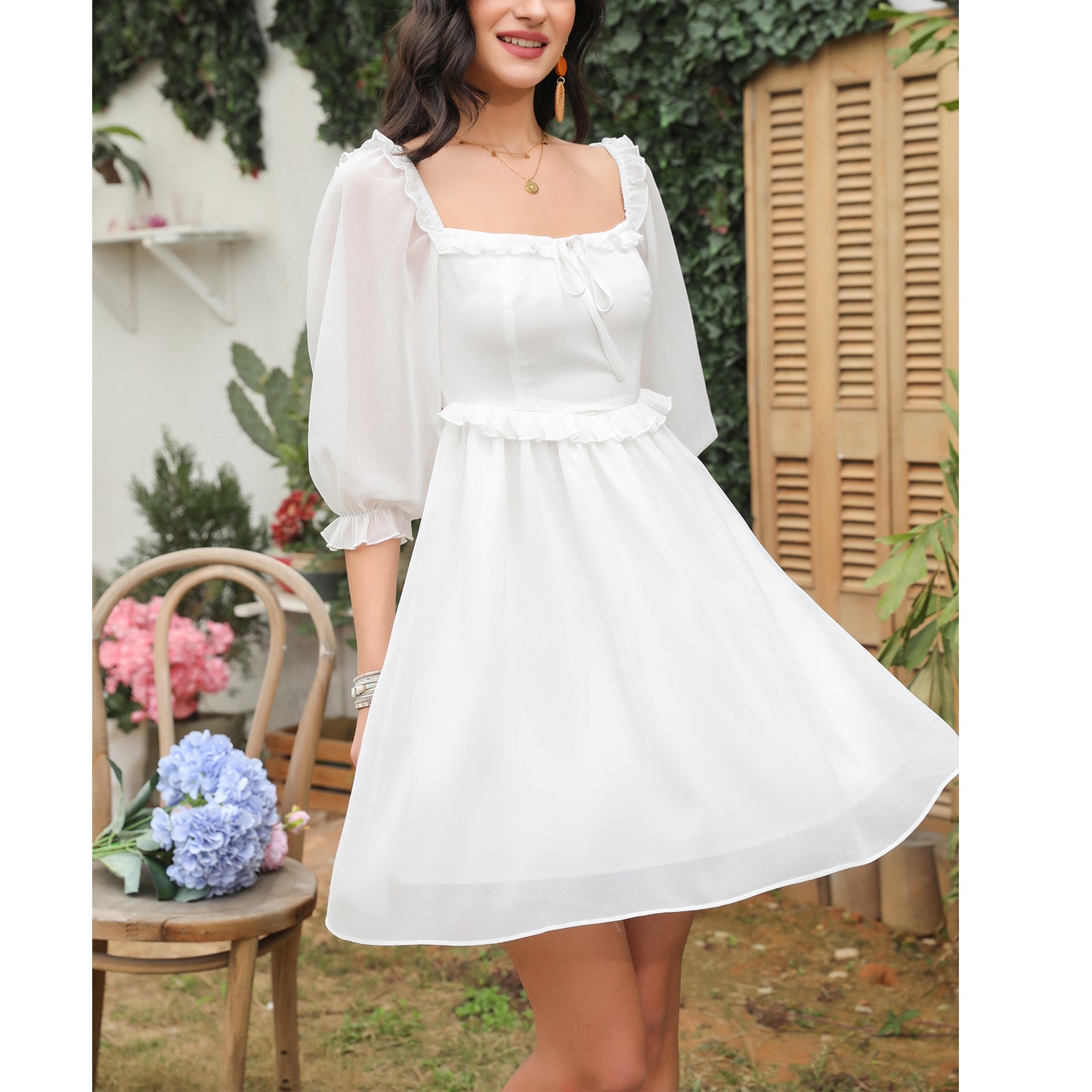 Exlura Women’s Off Shoulder Floral Ruffle Dress Sundress Tie Back Puff Sleeve Backless Square Neck Mini Summer Dress
