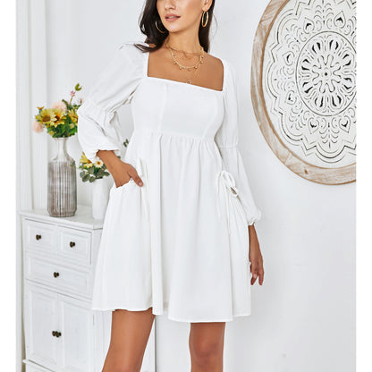 Exlura Women’s Casual Mini Dress with Pockets Square Neck Long Puff Sleeve Dress Empire Waist Boho Wedding Guest Dress