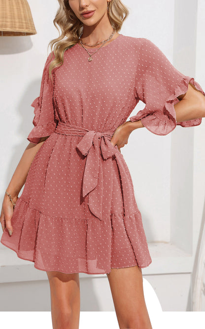 Flowy Mini Dress - Round Neck Belted Swiss Dot Bell Short Sleeve