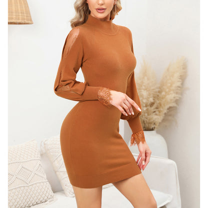 EXLURA Women’s Bodycon Sweater Dress Turtle Neck Knit Pullover Cut Out Lace Long Puff Sleeve Dress Sexy Mini Party Dress
