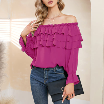 Byinns Women’s Off The Shoulder Layered Ruffle Tops Long Puff Sleeve Flowy Blouses Shirts Party Dressy Tops