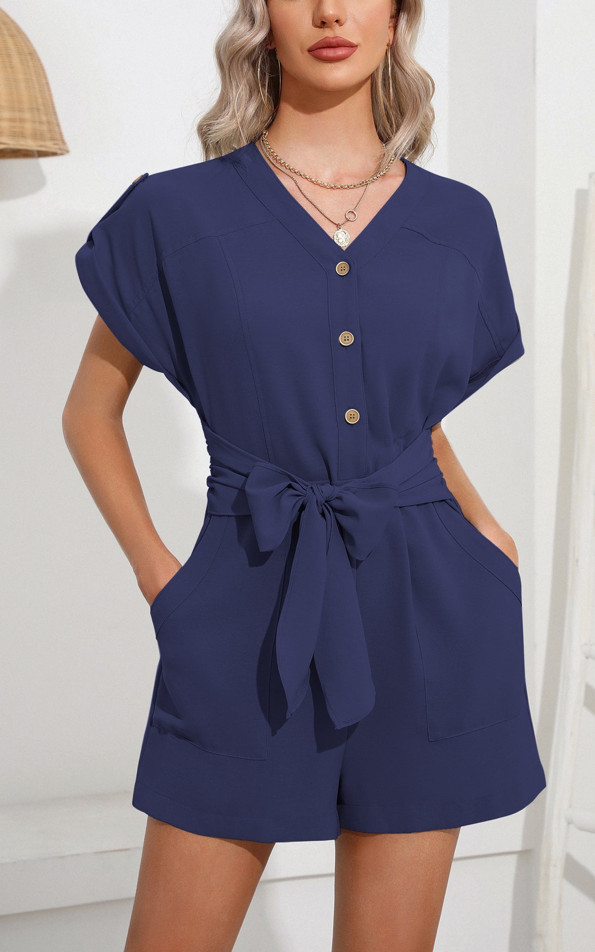 Jumpsuits - V Neck Button Short Sleeve Wide Leg Casual Rompers