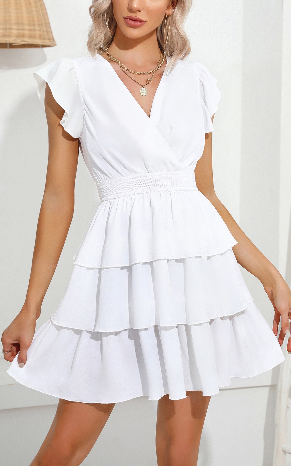 Short Ruffle Sleeve Smocked Sexy Wrap Cocktail Dress