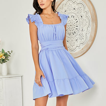 EXLURA Women's Square Neck Tie Back Ruffle Strappy Ruched Short Mini Dress Smocked Backless Tank Sleeveless Sundress Dress