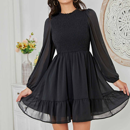 Exlura Women’s Vintage Mini Dress Round Neck Long Lantern Sleeve Ruffle Dress Cute Babydoll Casual Dresses