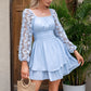 KRDR302EXLURA Women’s Lace Long Puff Sleeve Mini Dress Square Neck Backless Short Swing Party Dress Tie Back Bridesmaid Wedding Guest Dresses