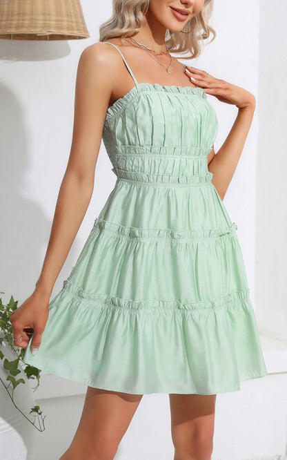 Summer Spaghetti Strap Mini Dress - Empire Waist Ruffle Smocked