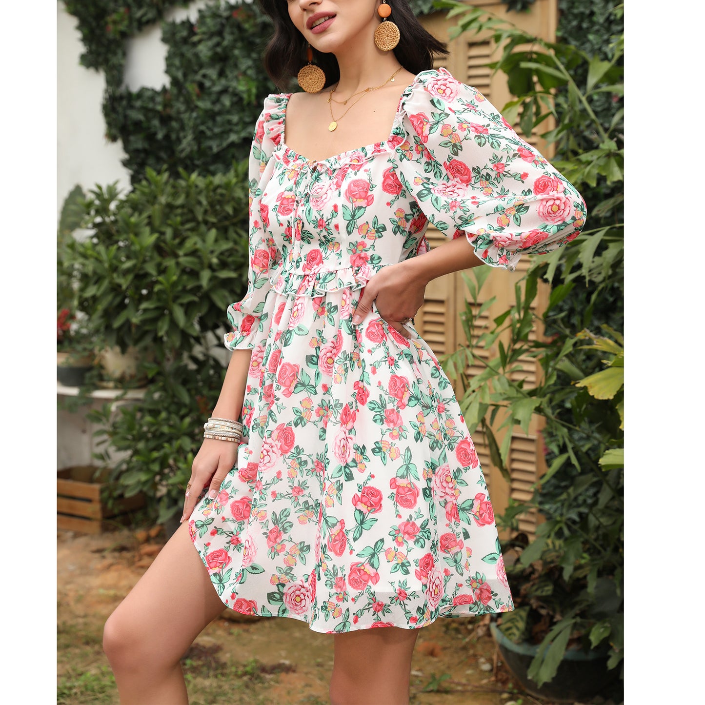 Exlura Women’s Off Shoulder Floral Ruffle Dress Sundress Tie Back Puff Sleeve Backless Square Neck Mini Summer Dress