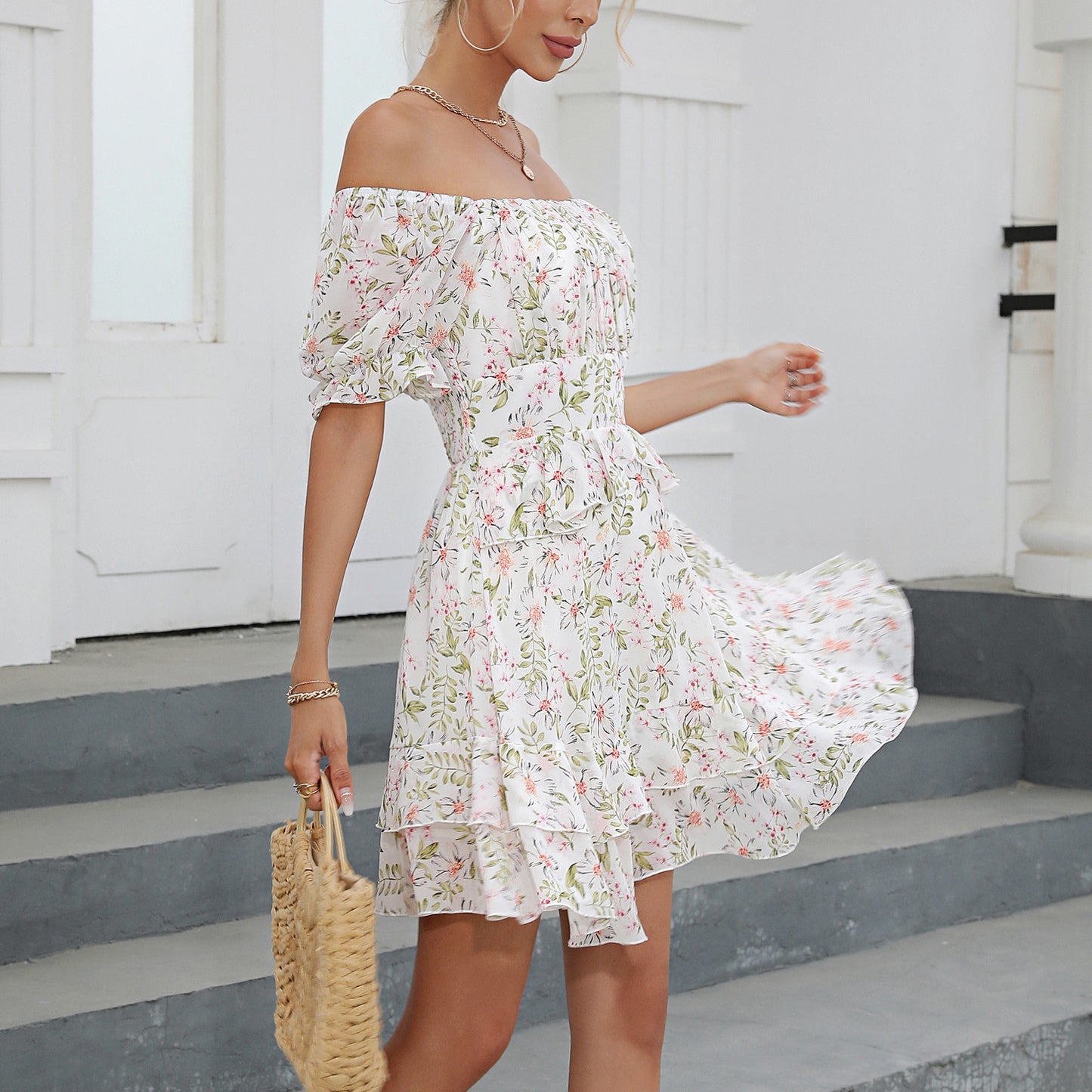 Floral Flowy Summer Dress - Square Neck Short Puff Sleeve Ruffle