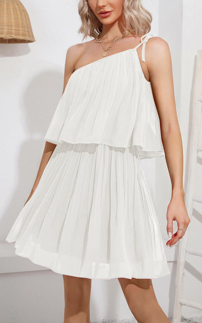 Summer Mini Sundress - One Shoulder Spaghetti Strap Tiered
