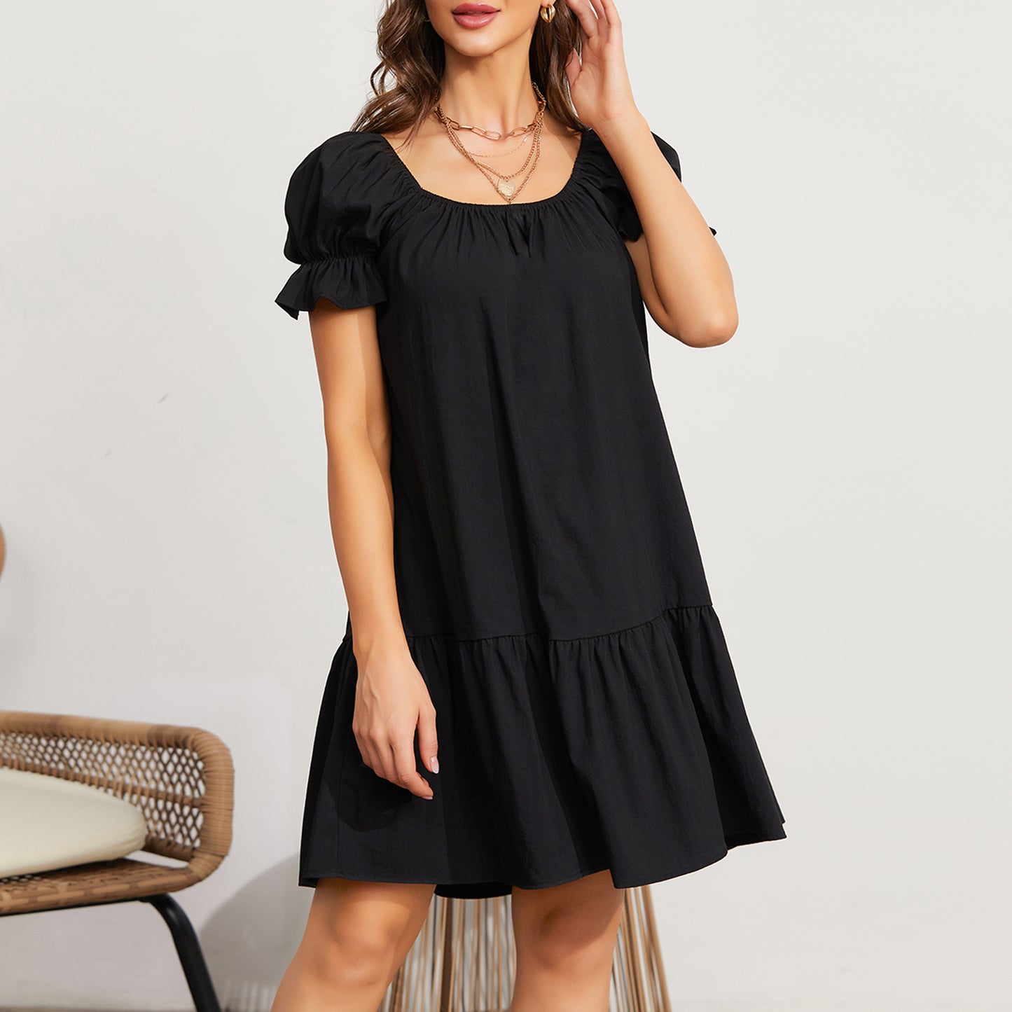 Exlura Women’s Square Neck Puff Short Sleeve Dress Off Shoulder Tiered Ruffle A-Line Babydoll Mini Party Dress