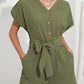 Jumpsuits - V Neck Button Short Sleeve Wide Leg Casual Rompers