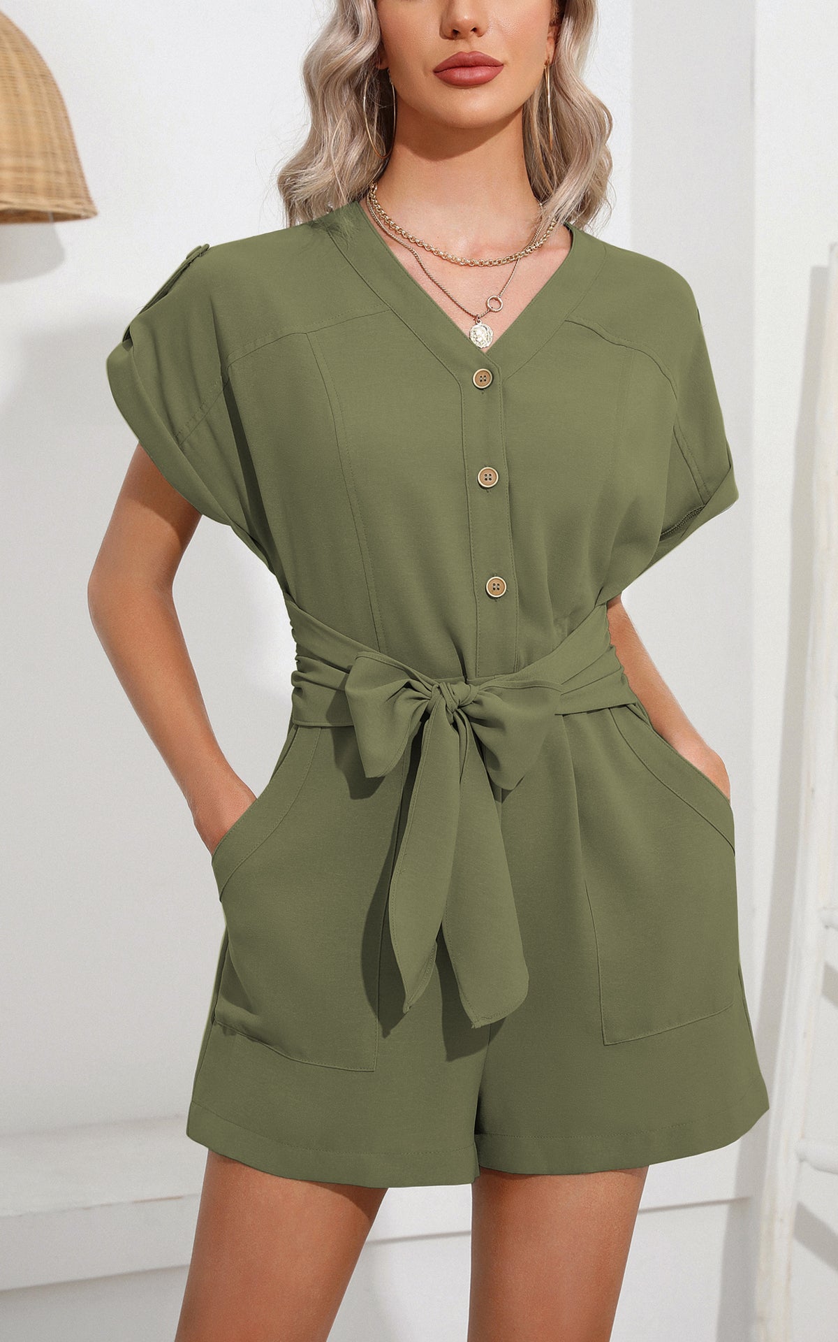 Jumpsuits - V Neck Button Short Sleeve Wide Leg Casual Rompers