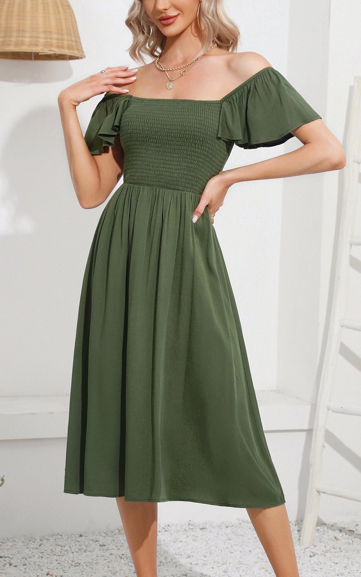 EXLURA Women's Summer Flowy Midi Dress - Square Neck Smocked Ruffle Short Sleeve Off The Shoulder Wedding Guest Dress