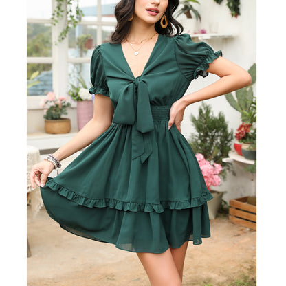 Exlura Women’s V Neck Summer Ruffle Dress Sundress Tiered Smocked Tie Front Short Puff Sleeve Swing Mini Dress