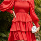 Square Neck Tie Back Bishop Sleeve Layered Flowy Swing Mini Dress