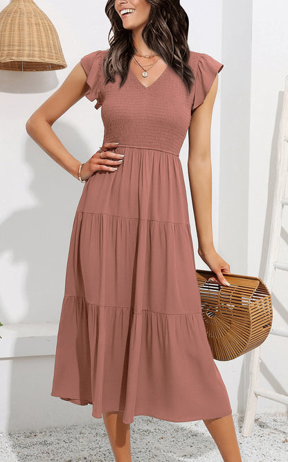 EXLURA Women's Summer Flowy Midi Dress - V Neck Smocked Ruffle Flutter Short Sleeve Boho Wedding Guest Dress