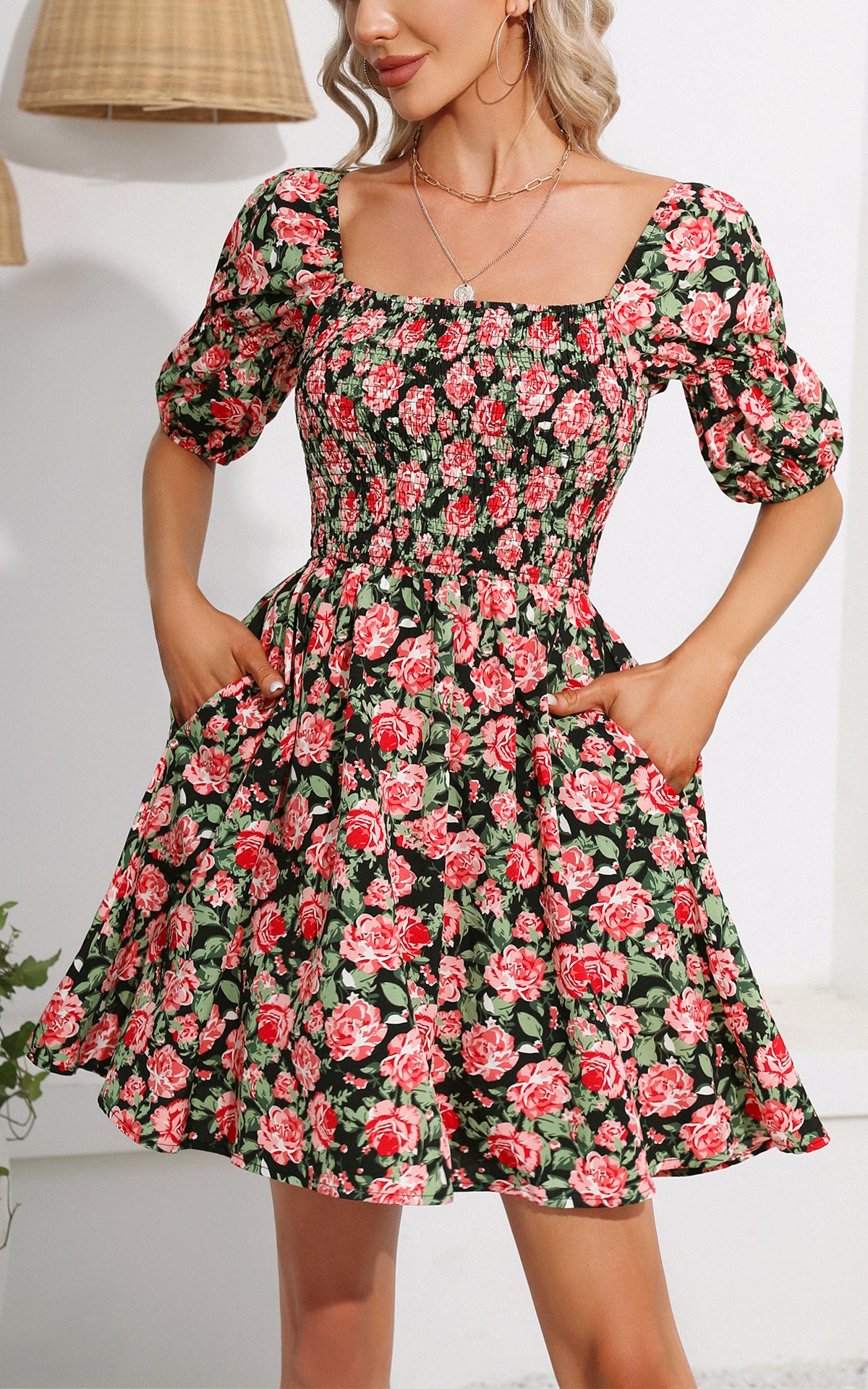 Summer Floral Mini Dress - Square Neck Short Puff Sleeve