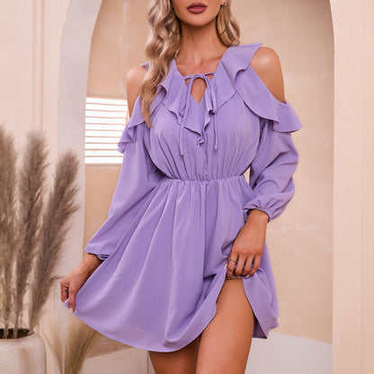 Exlura Women’s Ruffle Swing Mini Dress Cold Shoulder V Neck Long Sleeve Dress Cute Bridal Shower Wedding Guest Dress