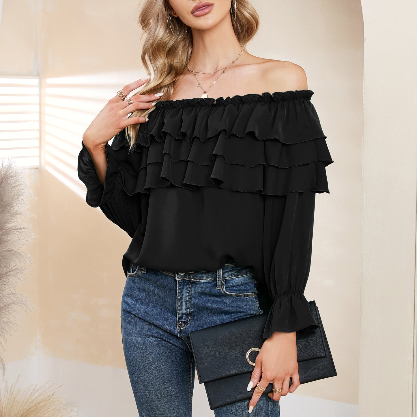 Byinns Women’s Off The Shoulder Layered Ruffle Tops Long Puff Sleeve Flowy Blouses Shirts Party Dressy Tops
