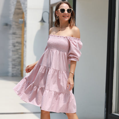 EXLURA Women's Back Tie Knot Square Neck Smocked Bust Puff Elbow Sleeve Ruffle Plaid Tiered Midi Dress