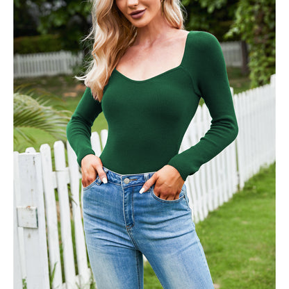 Exlura Women's Square Neck Ribbed Knitted Crop Sweater Long Sleeve Slim Fit Pullover Tops