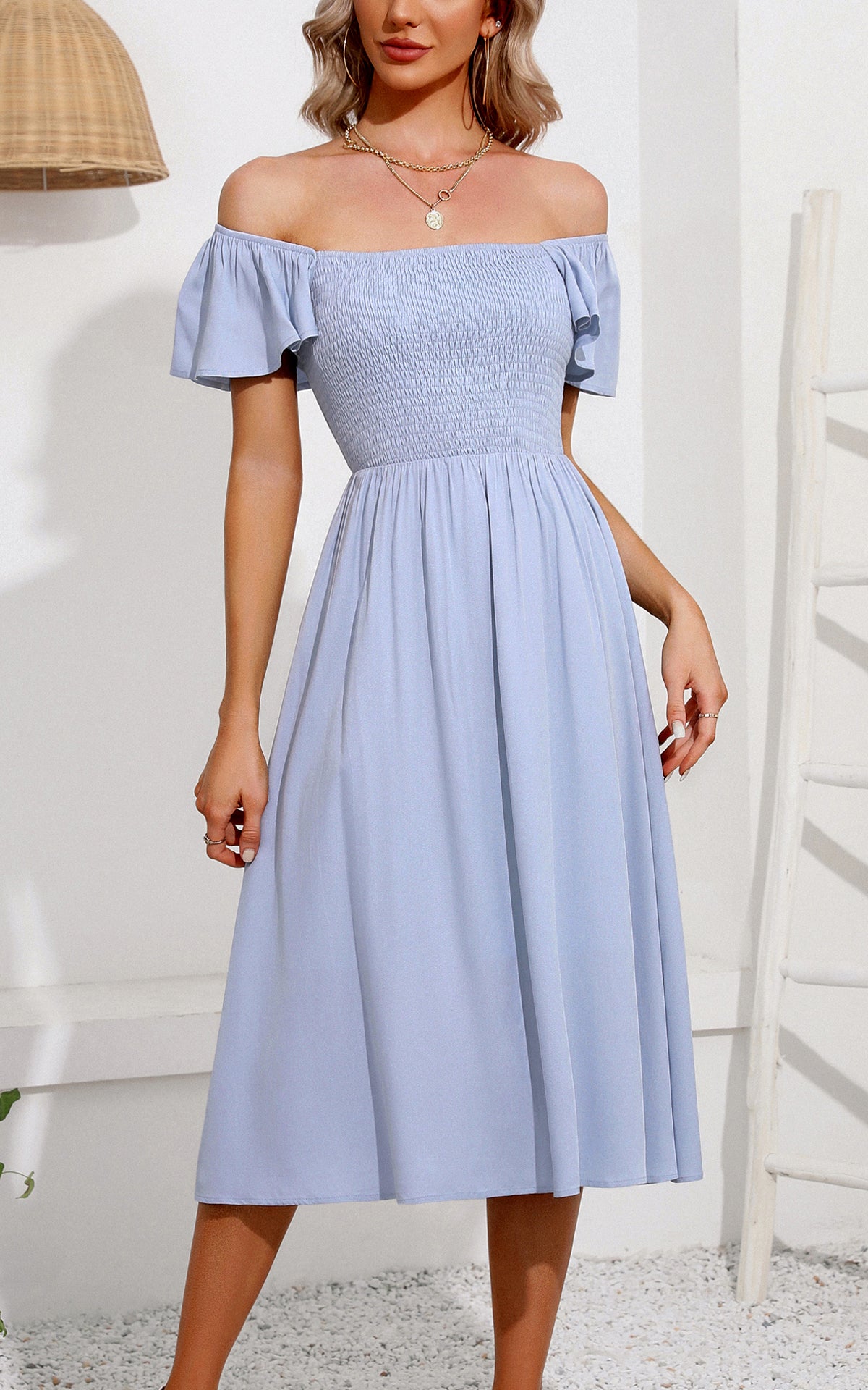 EXLURA Women's Summer Flowy Midi Dress - Square Neck Smocked Ruffle Short Sleeve Off The Shoulder Wedding Guest Dress