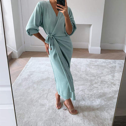EXLURA Womens Knit Sweater Dress Casual Solid Long Sleeve Wrap Maxi Dresses with Belt