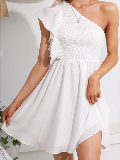 Summer One Shoulder Mini Sundress - Ruffle Smocked Flowy