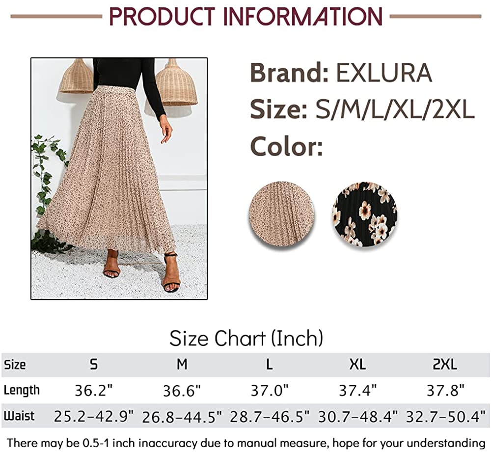 EXLURA Women's Floral Printed Chiffon Elastic High Waist Pleated Long Maxi Skirt