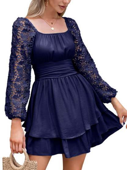 KRDR302EXLURA Women’s Lace Long Puff Sleeve Mini Dress Square Neck Backless Short Swing Party Dress Tie Back Bridesmaid Wedding Guest Dresses