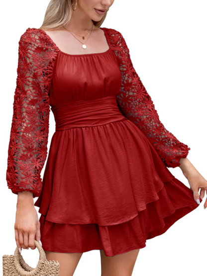 KRDR302EXLURA Women’s Lace Long Puff Sleeve Mini Dress Square Neck Backless Short Swing Party Dress Tie Back Bridesmaid Wedding Guest Dresses