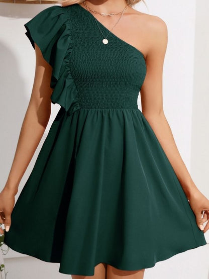 Summer One Shoulder Mini Sundress - Ruffle Smocked Flowy