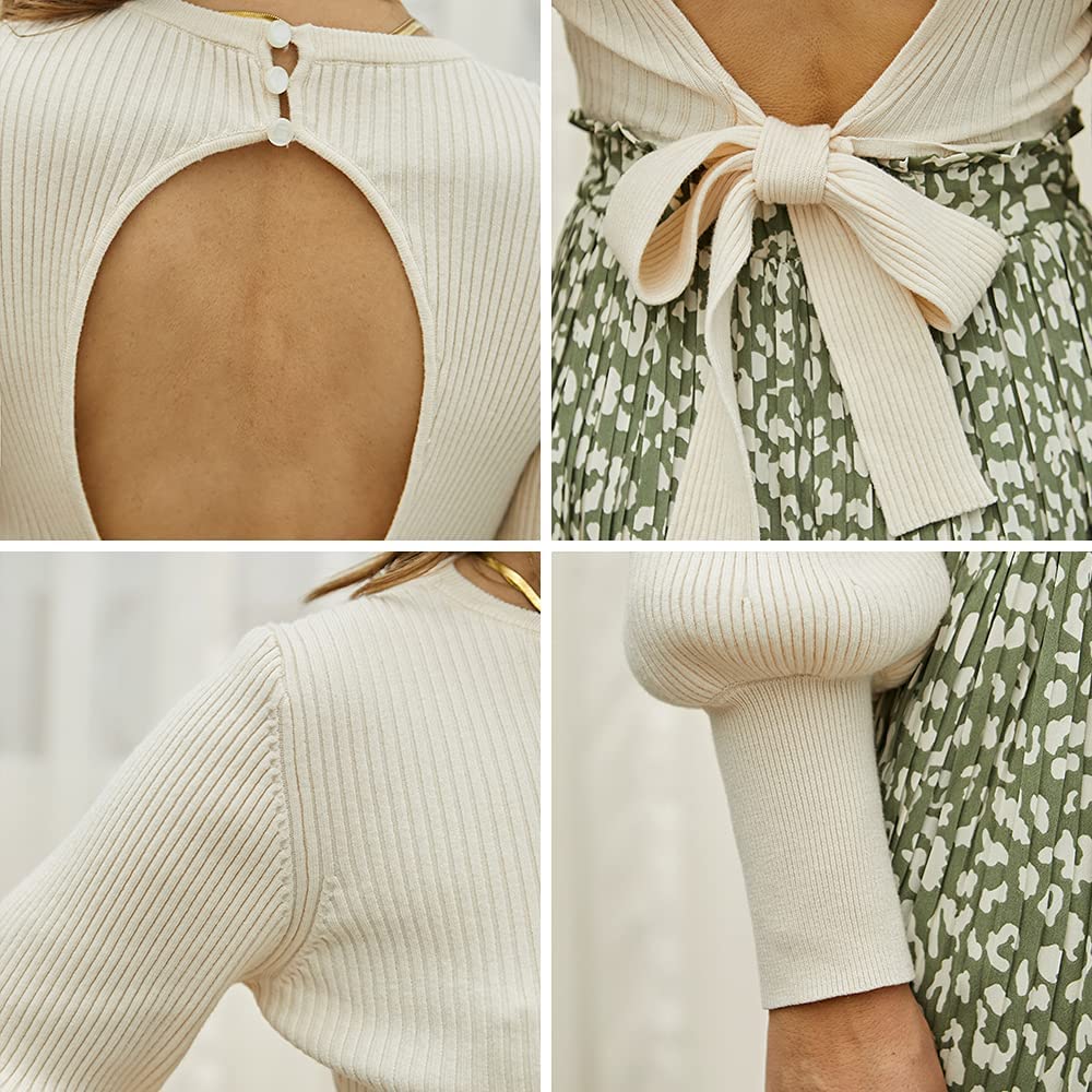 EXLURA Women's Lantern Sleeve Sweater Backless Round Neck Tie Back Knot Lightweight Tops