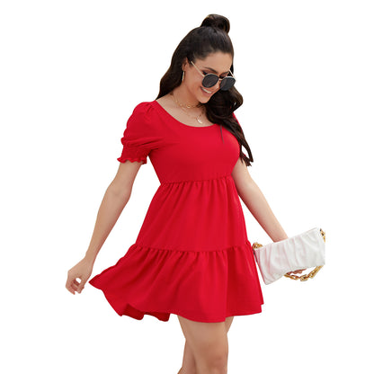 Exlura Women’s Round Neck Dress Backless Puff Short Sleeve Tie Back Ruffle Tiered Cut Out Mini Babydoll Dress
